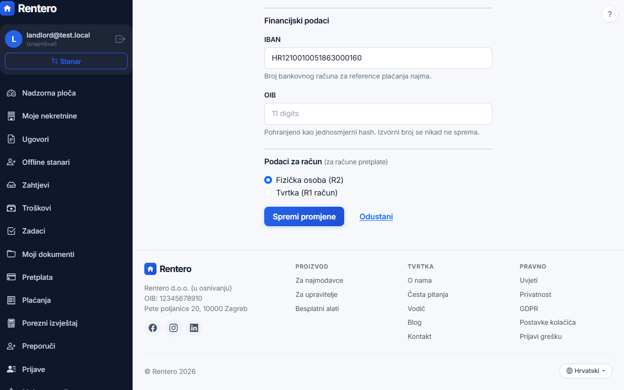 Profile settings – Add IBAN and tax number | Rentero
