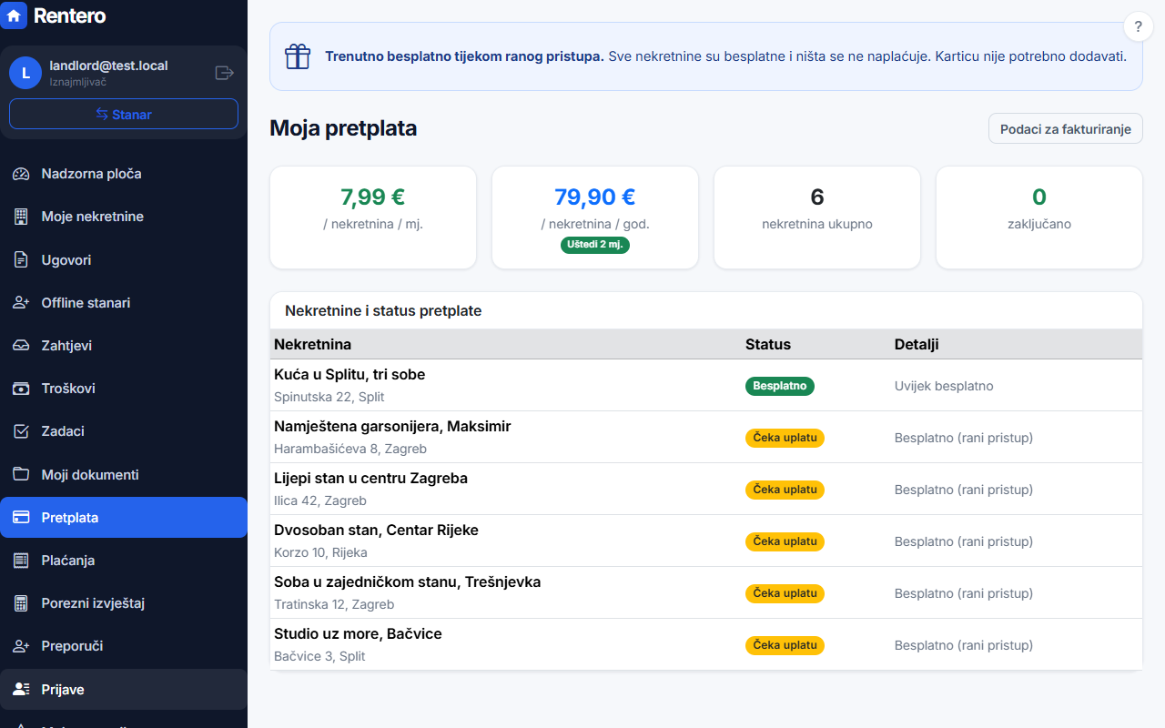 Subscription & billing – First property free | Rentero