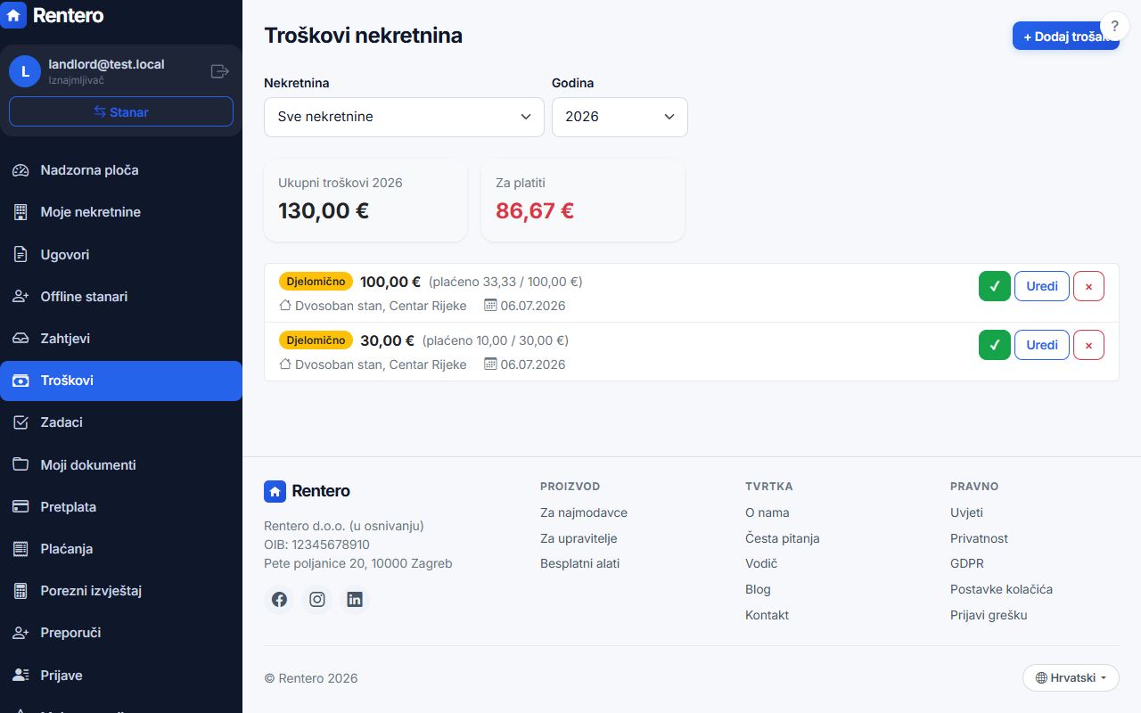 Cost tracking – Add a cost | Rentero