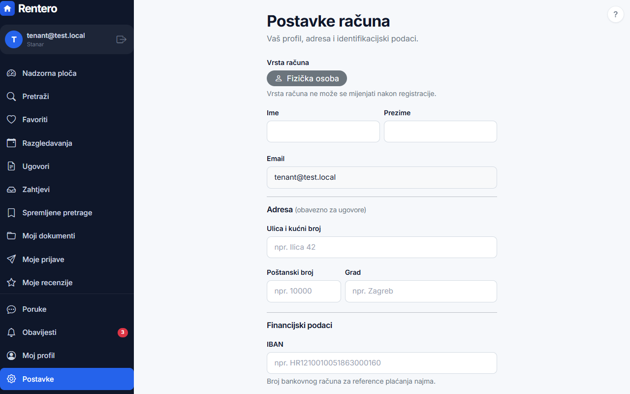 Settings – Edit your profile | Rentero